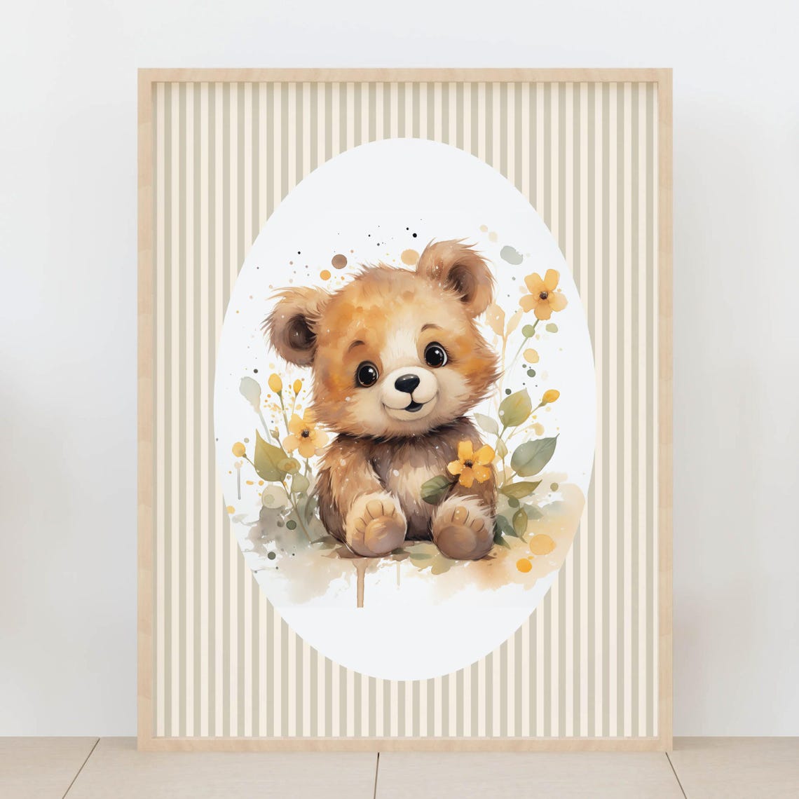 Neutral Brown Stripes Baby Room Decor Teddy Bear Nursery Wall Art Cute With Flowers Poster Gift
