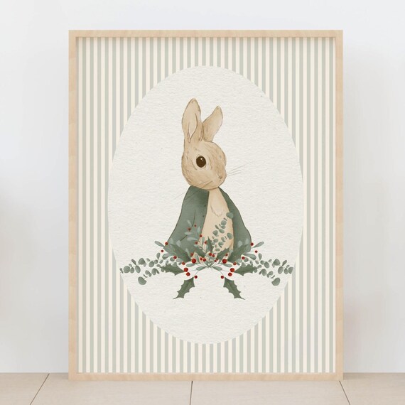 Vintage Bunny in a Coat with Holly Watercolor Nursery Art Poster