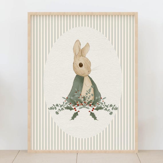 Vintage Bunny Wall Art Striped Nursery Decor Sage Green Farmhouse Animal Print Rustic Kids Room Poster