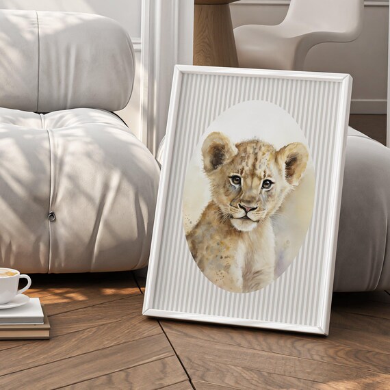 Lion Cub Watercolor Portrait Oval Vignette Nursery Safari Poster