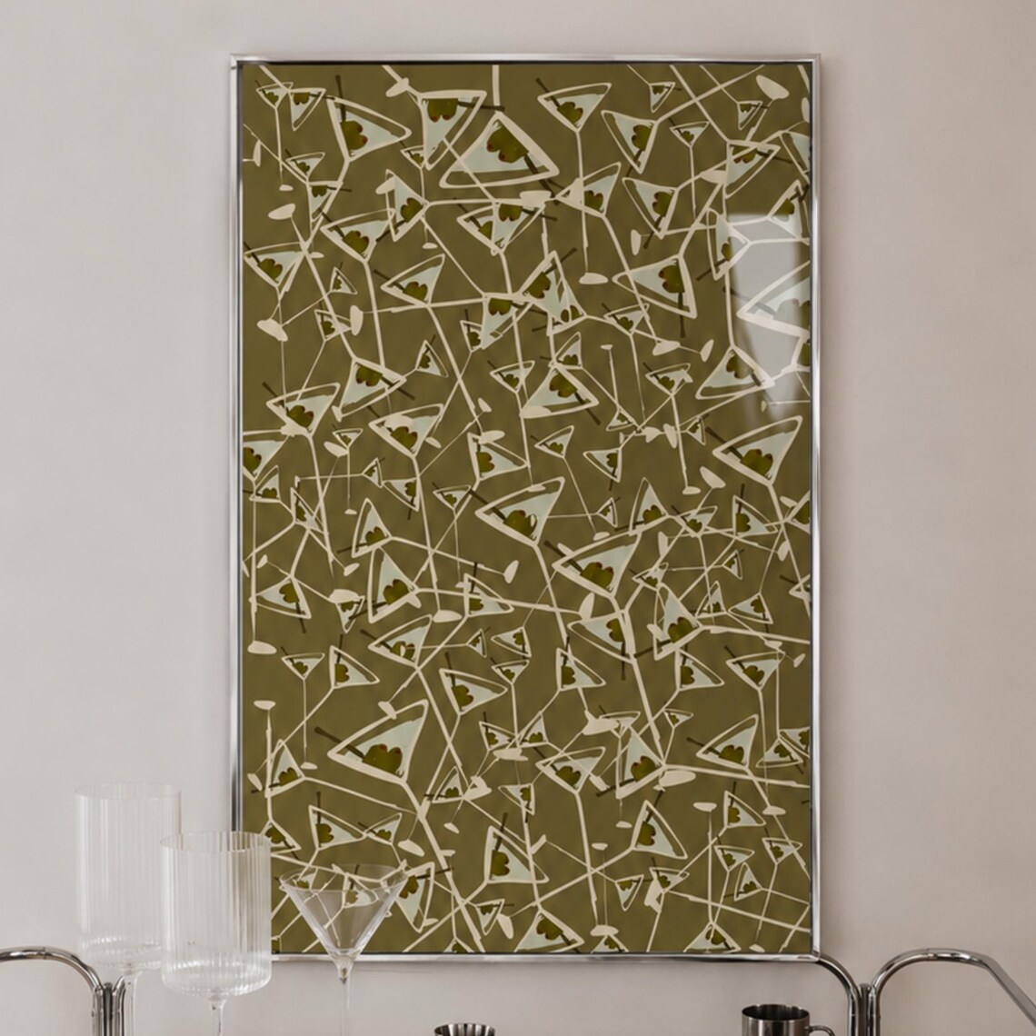 Dirty Olive Martini Glass Pattern Khaki Cream Kitchen Bar Art Poster