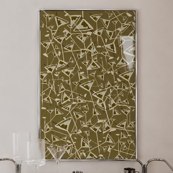 Dirty Olive Martini Glass Pattern Khaki Cream Kitchen Bar Art Poster