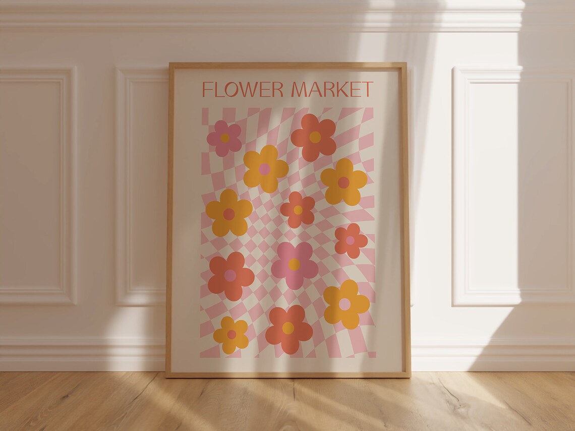 Flower Market Groovy Retro Blossoms Checkered 70s Art Poster