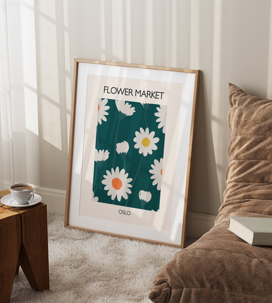 Flower Market Oslo White Daisy Floral Vintage Poster on Teal - Image 2