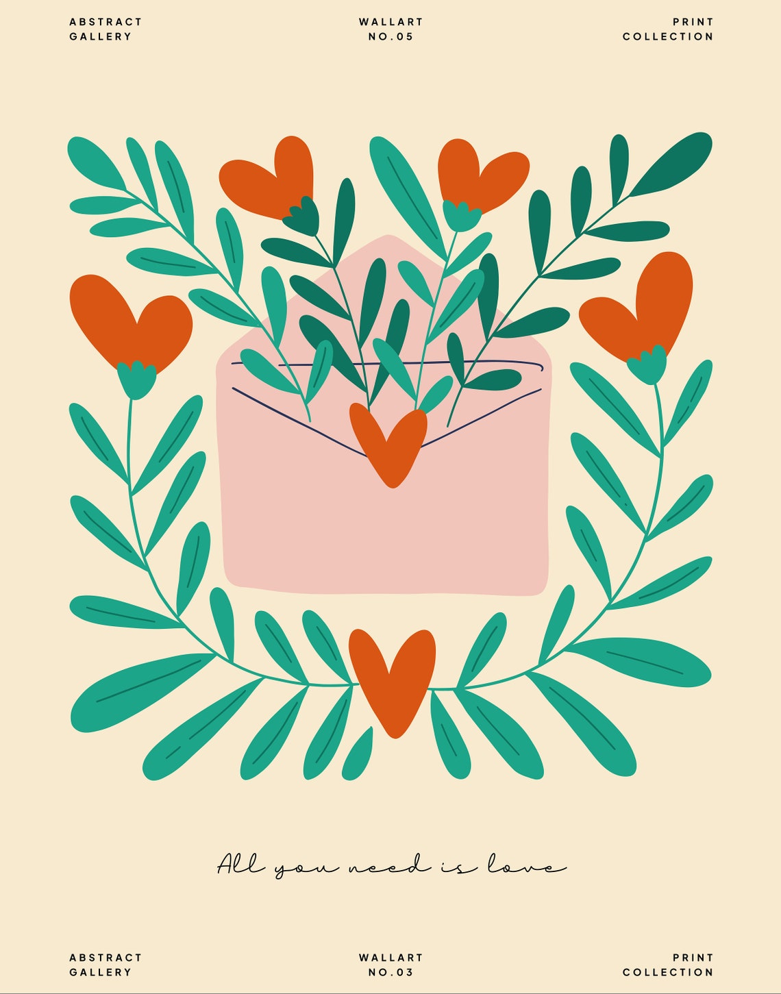 All You Need Is Love Pink Envelope Hearts Romantic Botanical Poster - Image 4