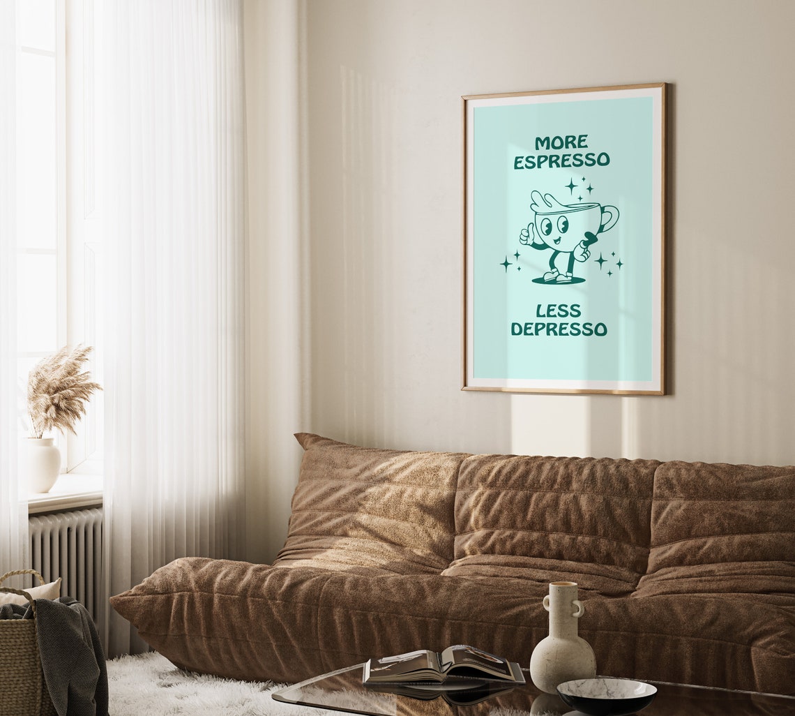 More Espresso Less Depresso Funny Coffee Cup Mascot Quote Poster - Image 3