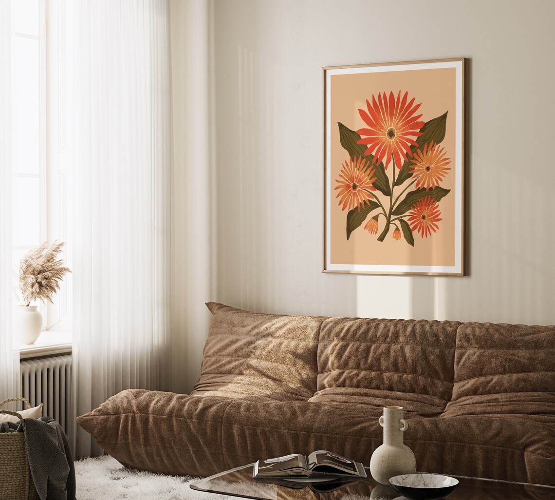 Orange Daisy Blossoms on Peach Modern Botanical Flower Art Poster - Image 2