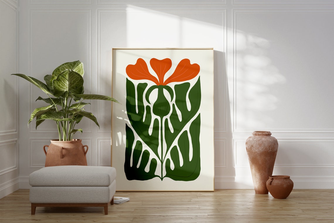 Bold Red Bloom Green Leaf Modern Botanical Statement Art Poster - Image 4