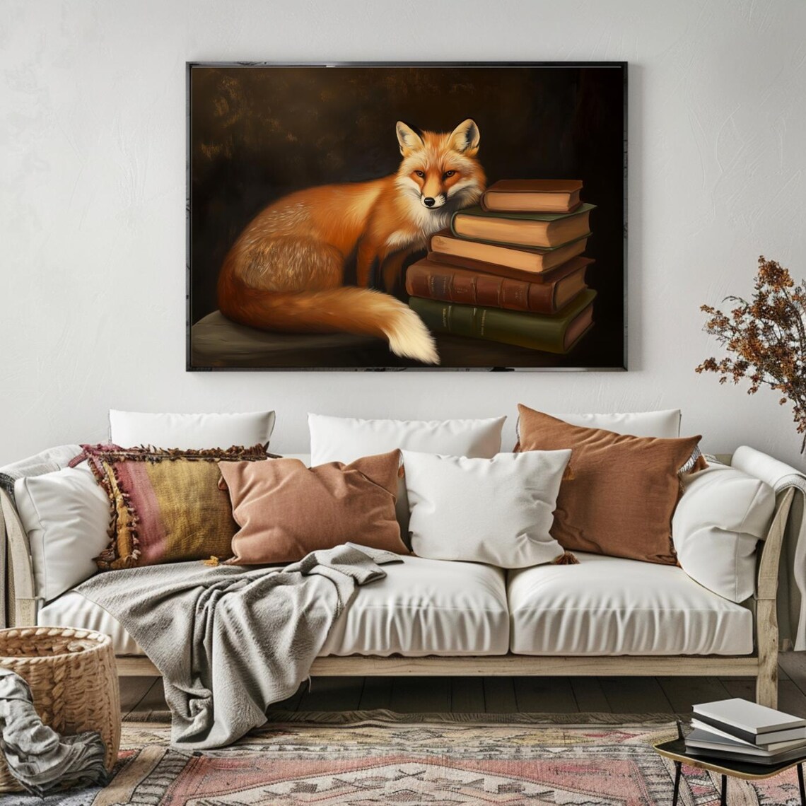 Red Fox Resting Beside Stack of Old Books Dark Academia Poster - Image 6