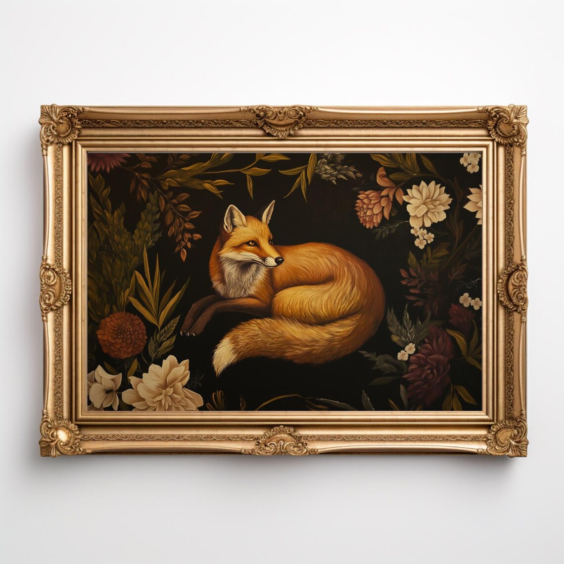 Red Fox Curled Among Dark Florals Victorian Botanical Poster
