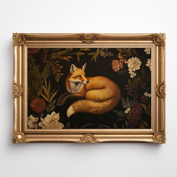 Red Fox Curled Among Dark Florals Victorian Botanical Poster