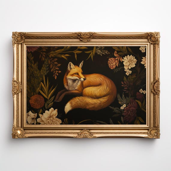 Victorian Floral Fox Painting Gothic Fox Wall Art Dark Academia Decor Moody Dahlia Print Reading Nook Art Library Vintage Flowers