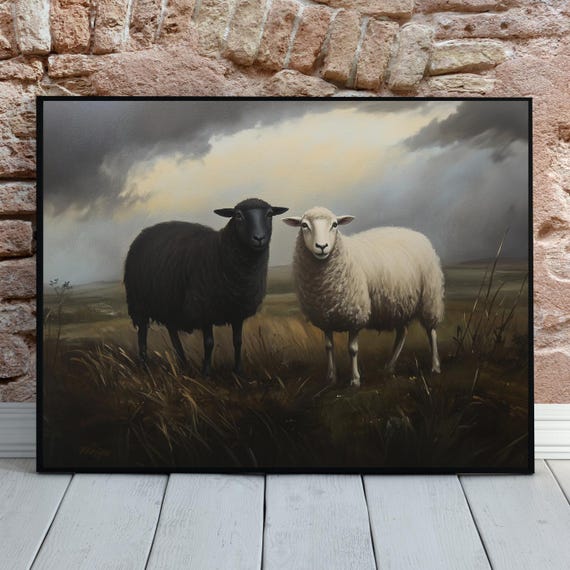 Two Sheep Art Print White And Black Sheep Painting Modern Farmhouse Wall Art Moody Pastoral Decor Farm Animal Artwork Lamb Print