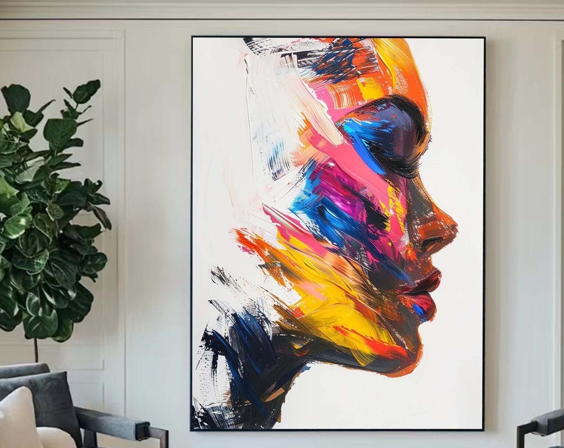 Minimalsit Figure Wall Art Colorful Woman Face Texture Painting Female Portrait Art Lady Painting Large Colorful Texture Wall Art Modern Art