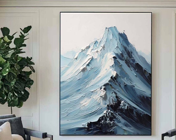 Original Abstract Mountain Landscape Texture Painting Blue Texture Knife Art White Snow Mountain Wall Art Modern Living Room Wall Art Decor