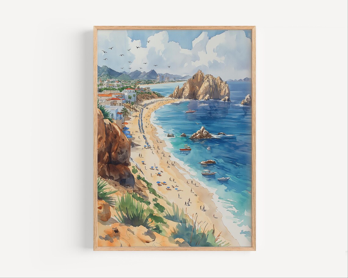 Cabo San Lucas Beach El Arco Watercolor Mexico Travel Poster