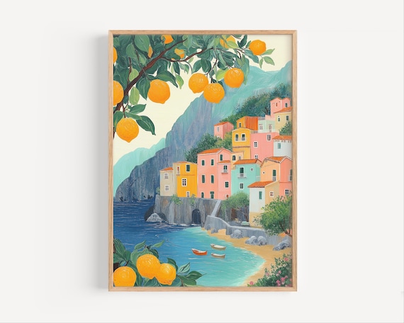 Amalfi Coast Pastel Citrus Tree Coastal Village Travel Poster