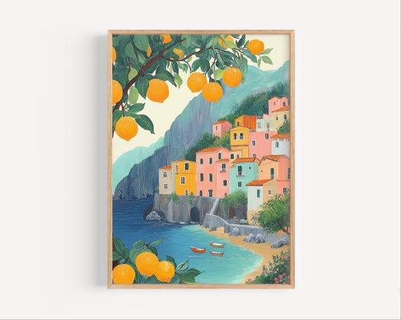 Sorrento Pastel Oil Painting Lemon Tree Poster Or Canvas Print Amalfi Coast Travel Decor Paint Style