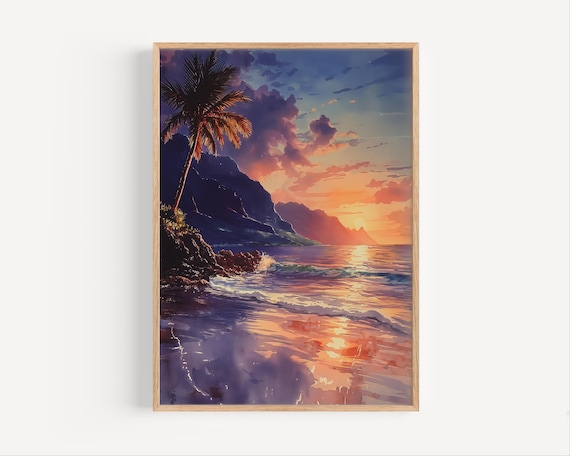 Tropical Beach Sunset Palm Tree Ocean Watercolor Coastal Escape Decor Poster