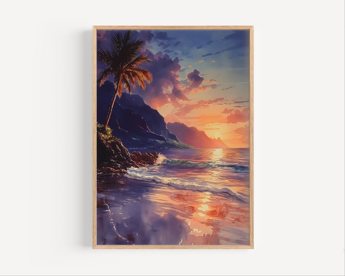 Tropical Beach Sunset Palm Tree Ocean Watercolor Coastal Escape Decor Poster
