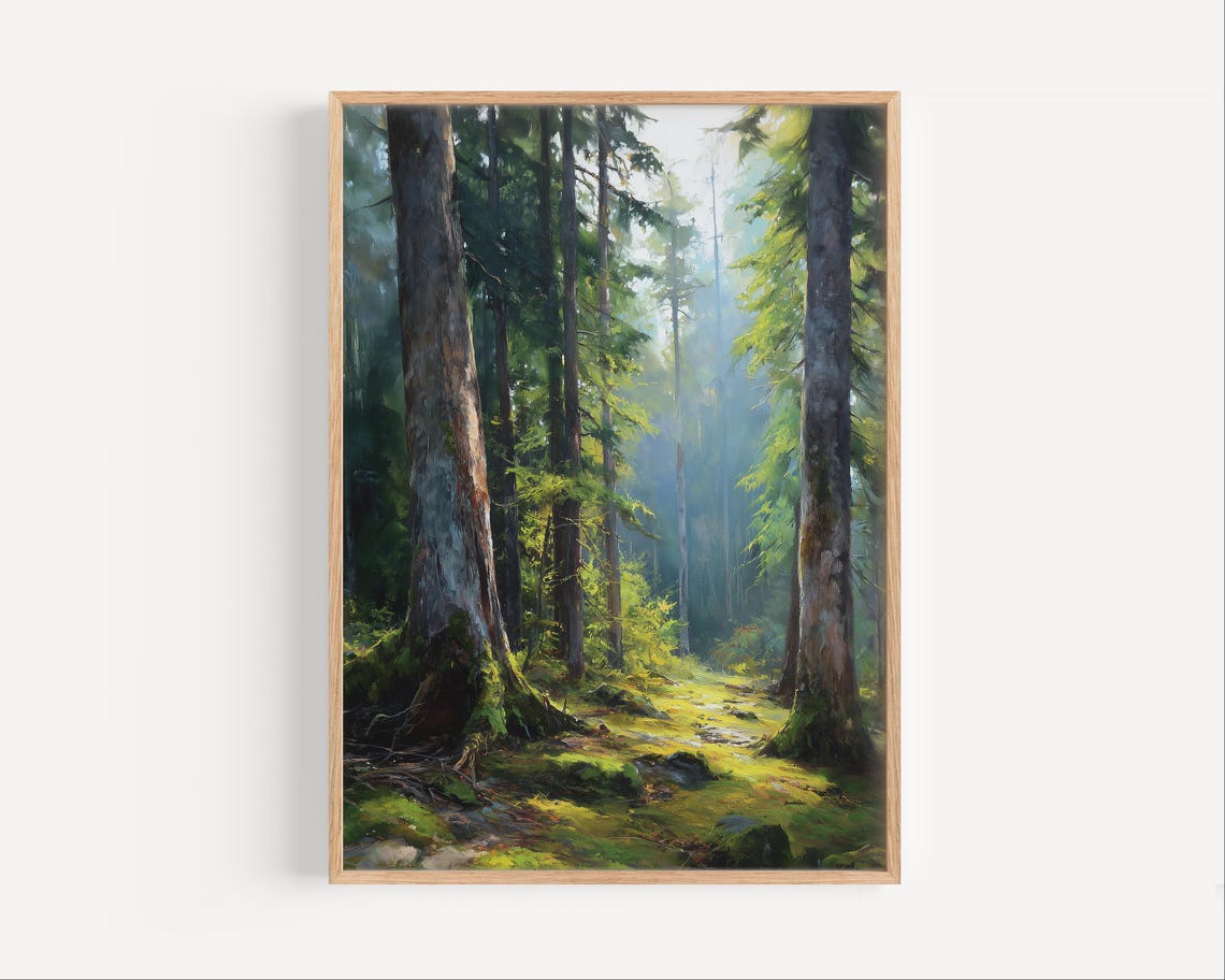 Old Growth Forest Mossy Trees Sunlight Oil Painting Wall Art
