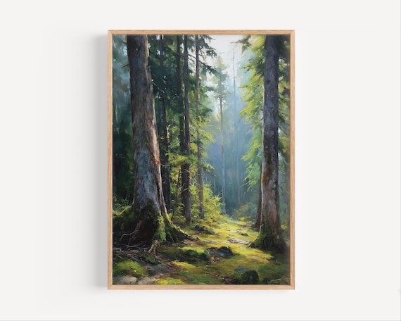 Old Growth Forest Mossy Trees Sunlight Oil Painting Wall Art