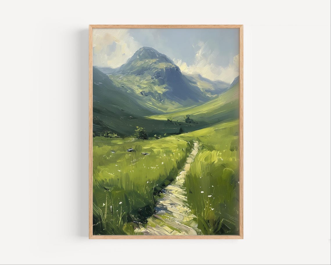 Green Mountain Valley Stone Path Summer Landscape Oil Poster