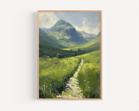Green Mountain Valley Stone Path Summer Landscape Oil Poster
