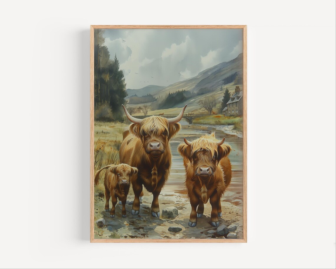 Highland Cow Mother and Calves by the River Scottish Landscape Wall Art