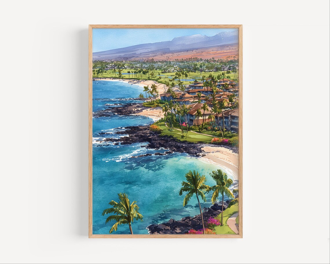 Waikoloa Beach Hawaii Resort Coast Palm Watercolor Painting Poster