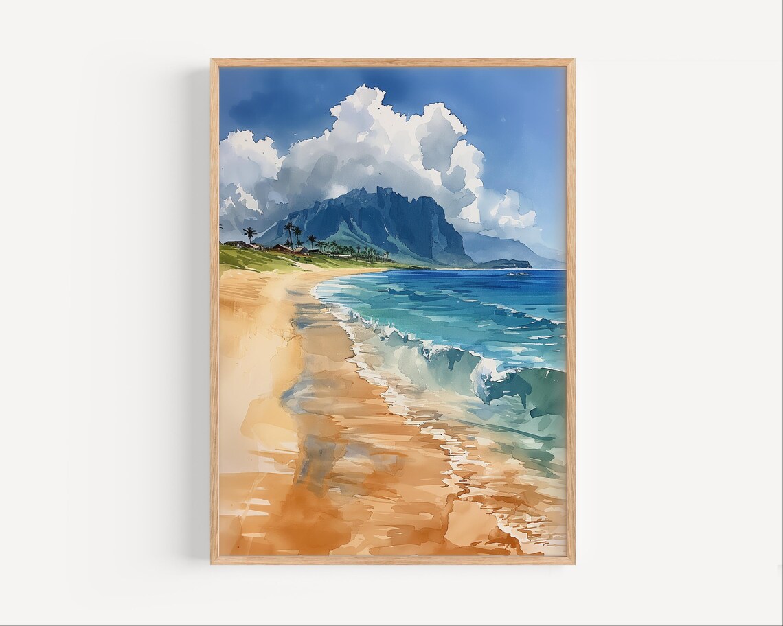 Maui Hawaii Beach Watercolor Golden Sand Turquoise Waves Poster