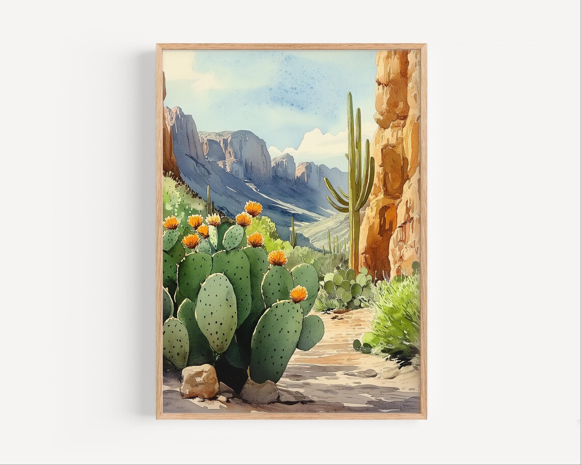 Red Rock Canyon Watercolor Cactus Desert Landscape Art Poster