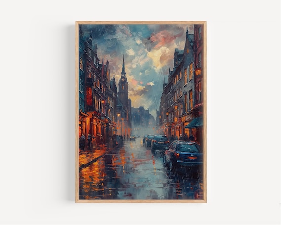 Cork Ireland Moody Rainy Night Street Clock Tower Oil Poster
