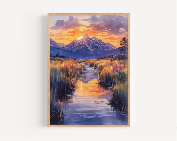 Mountain Sunset Over Creek Marsh Golden Watercolor Landscape Poster