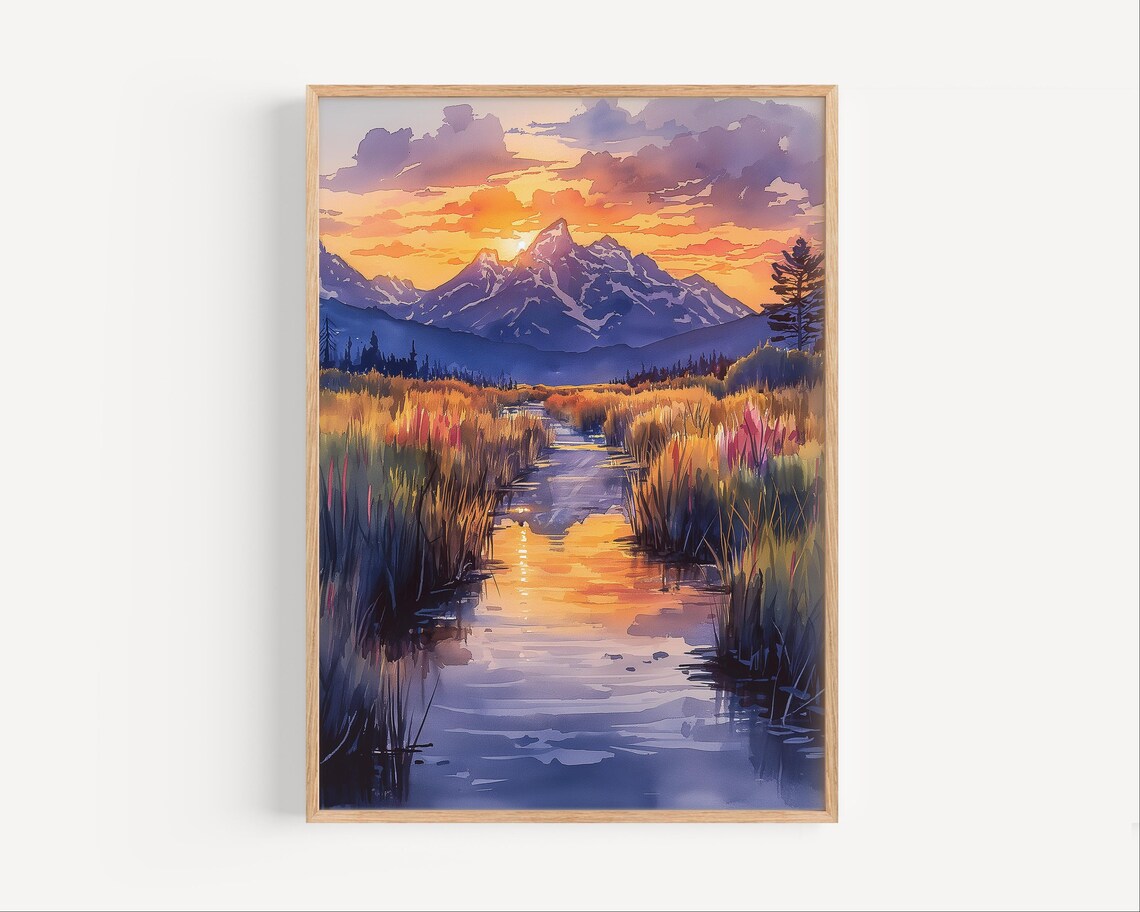 Mountain Sunset Over Creek Marsh Golden Watercolor Landscape Poster