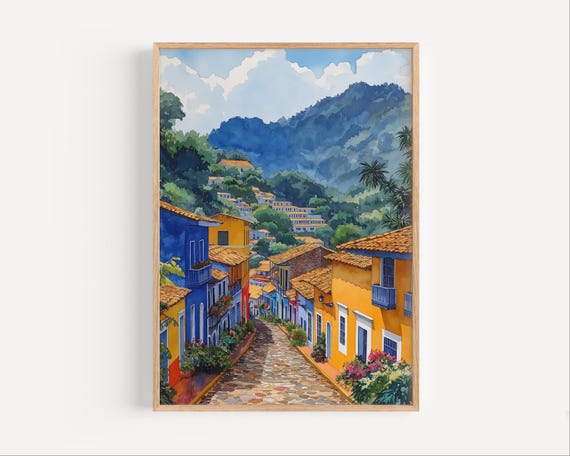 Antigua Guatemala Central America Watercolor Painting Retro Style Wall Art Poster Or Canvas Print Tropical Lush Mountain Town Travel Gift