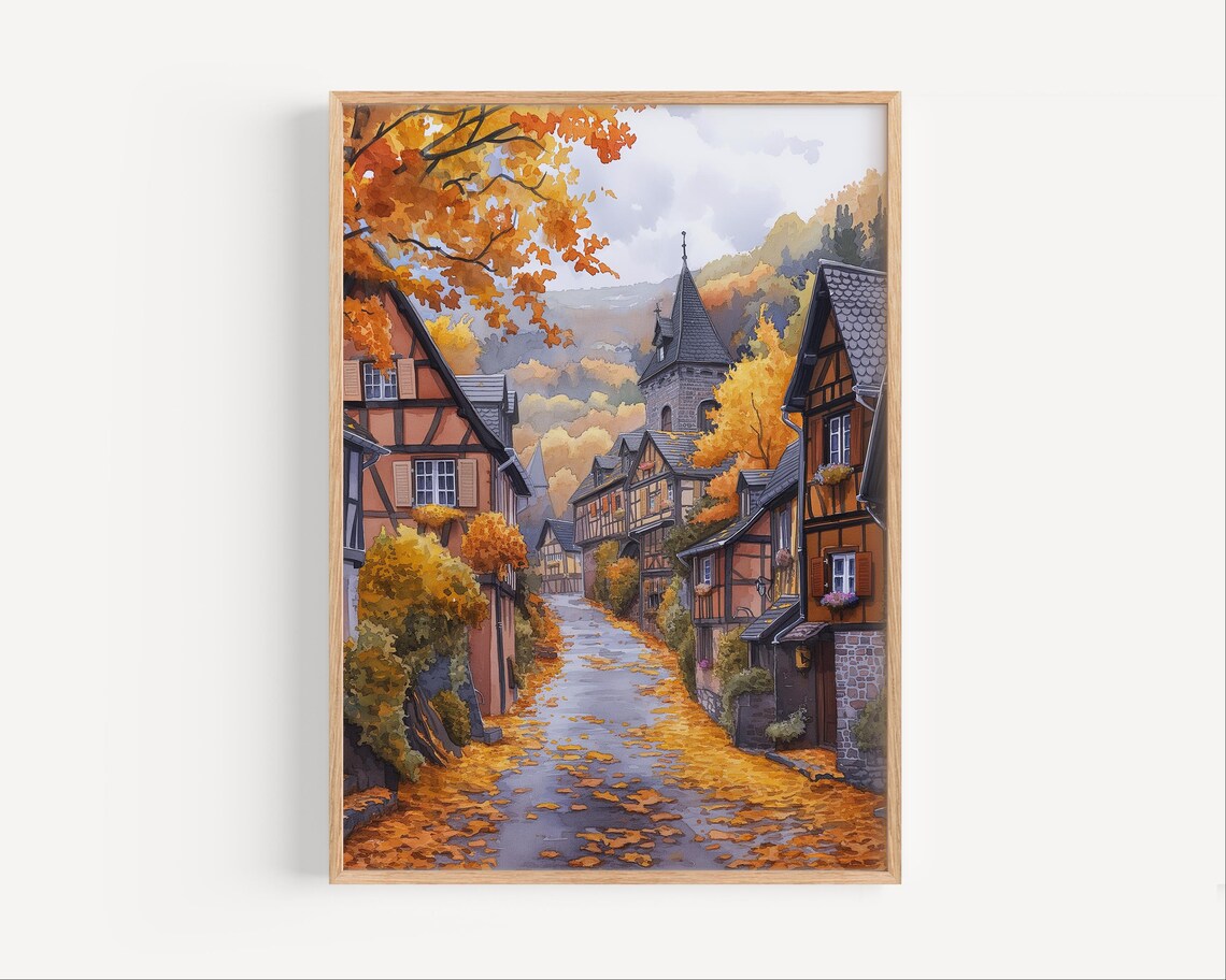 Eguisheim Alsace Autumn Street Half Timbered Houses Fall Watercolor Poster