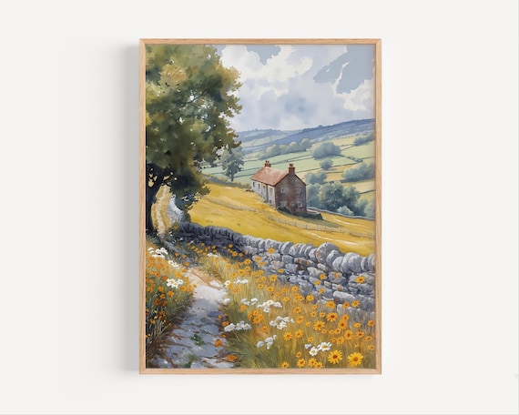 Yorkshire Dales Cottage Stone Wall Wildflowers Watercolor Poster