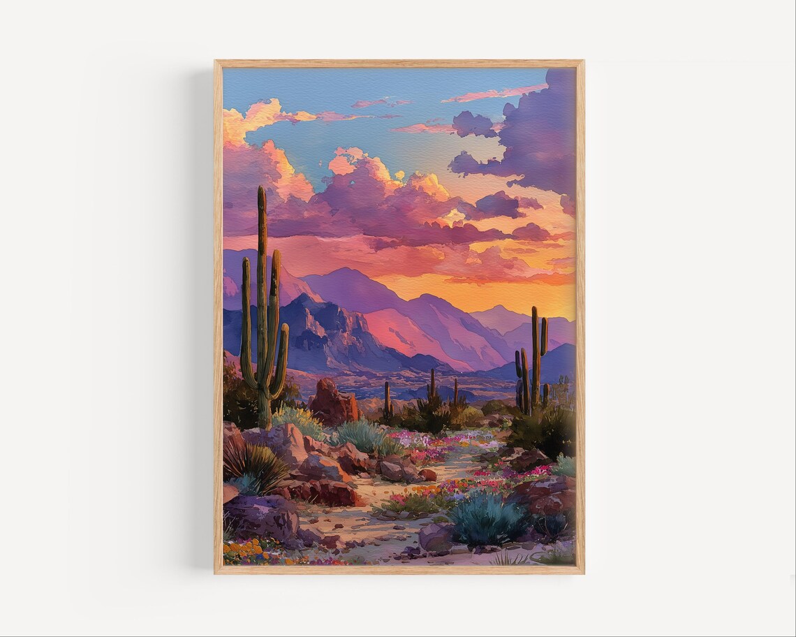 New Mexico Desert Sunset with Saguaro Cacti in Soft Watercolor Poster