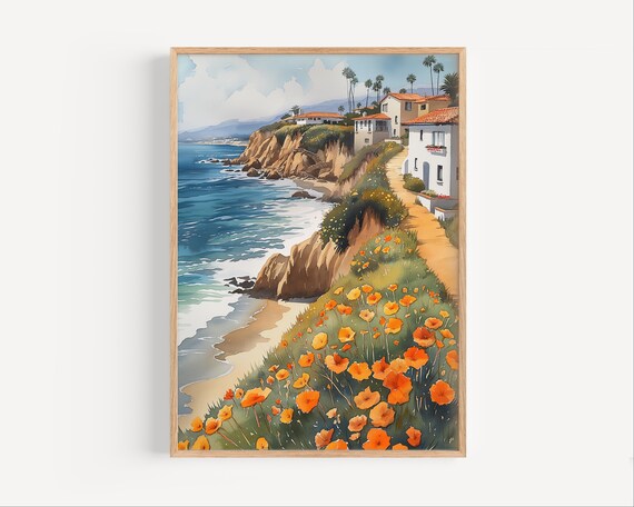 California Coastal Cliffs Orange Poppies Watercolor Travel Poster