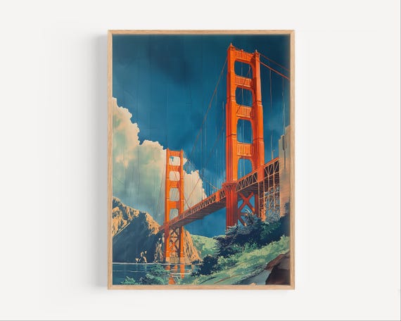 San Fransisco Golden Gate Bridge Art Deco Style Painting Wall Poster Print Or Canvas Artwork Travel Decor Gift Historical
