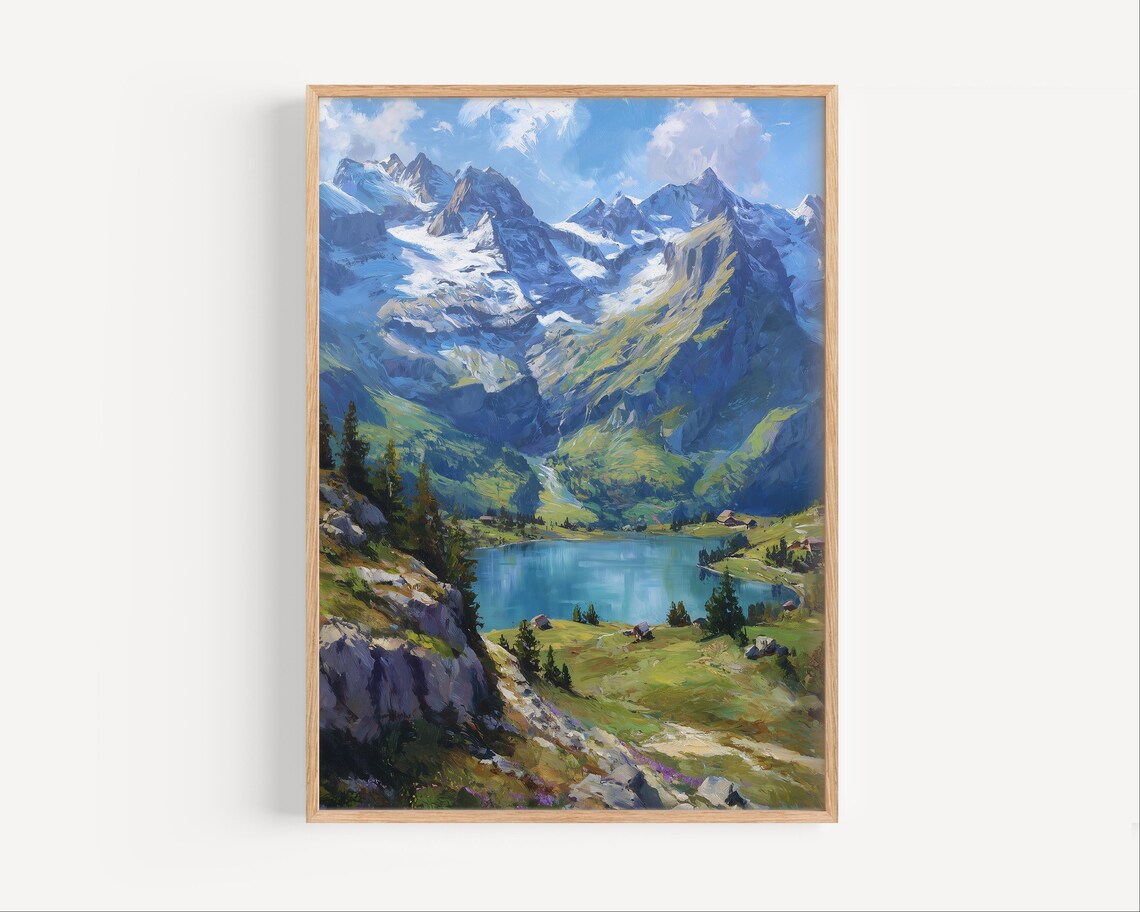 Scenic Swiss Alps Alpine Lake Snowy Mountains Oil Painting Poster