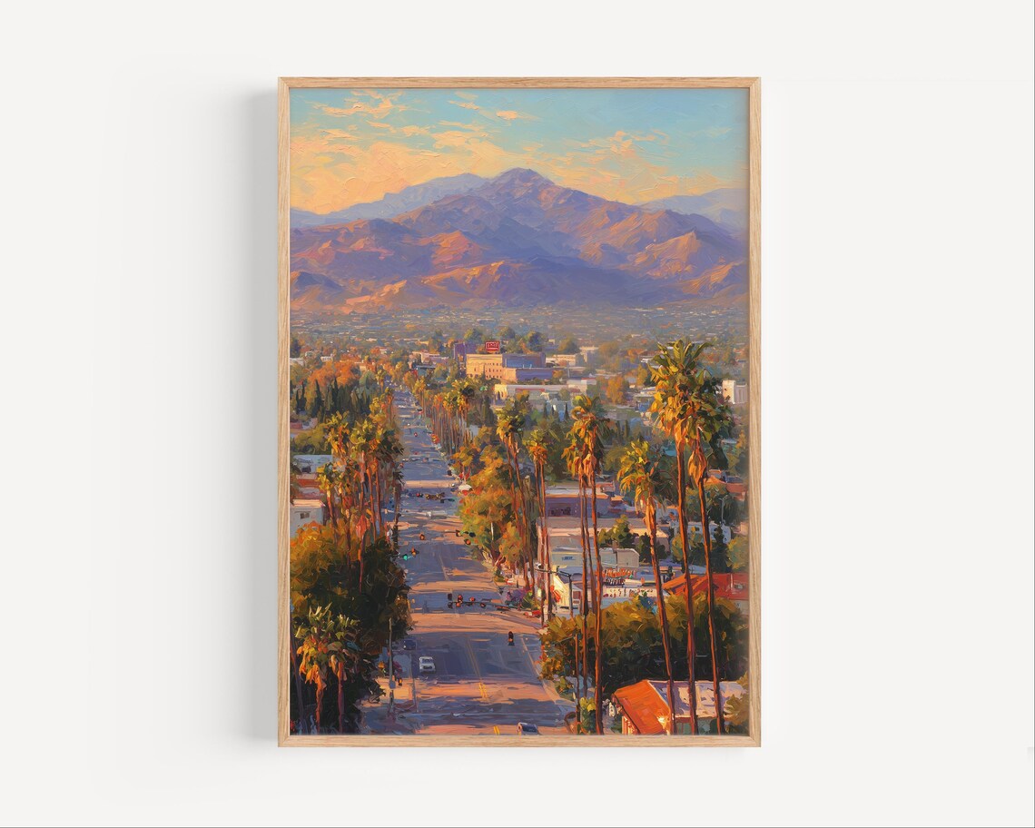 Burbank California Sunset Palm Avenue Mountains Oil Painting Poster