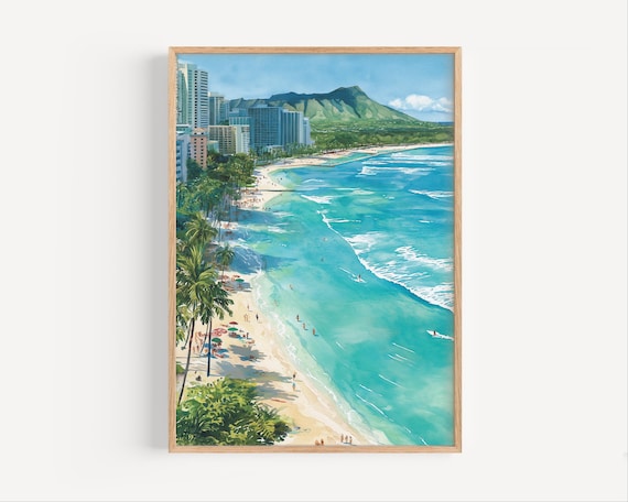 Waikiki Beach Honolulu Daytime Surf Watercolor Travel Poster
