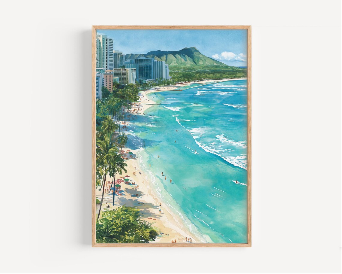 Waikiki Beach Honolulu Daytime Surf Watercolor Travel Poster