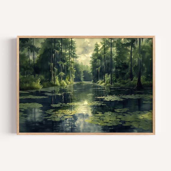 Louisiana Bayou Cypress Swamp Lily Pads Painting Style Poster