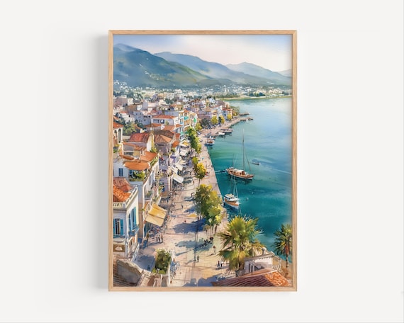 Mediterranean Seaside Town Aerial Harbor View Watercolor Poster