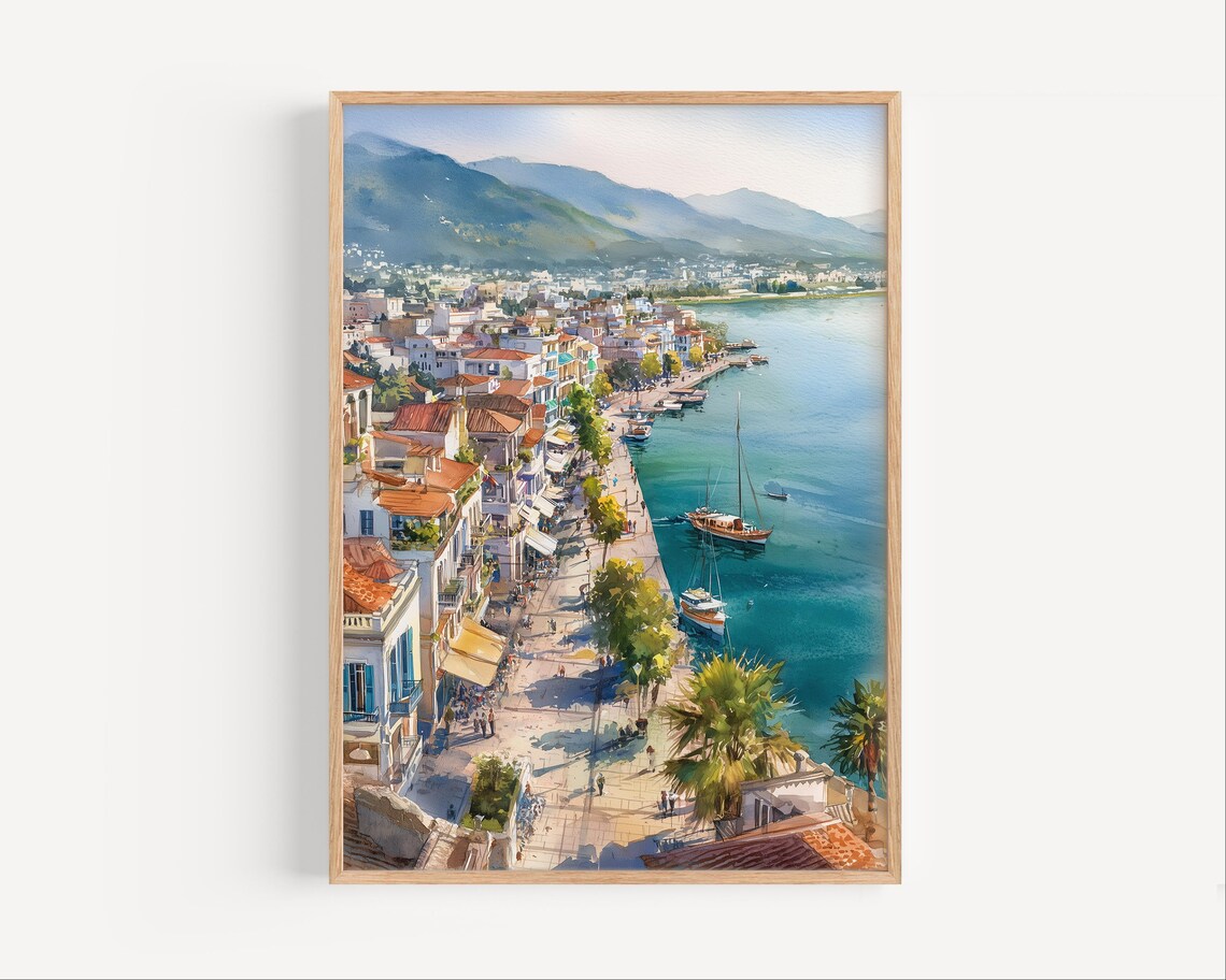 Mediterranean Seaside Town Aerial Harbor View Watercolor Poster