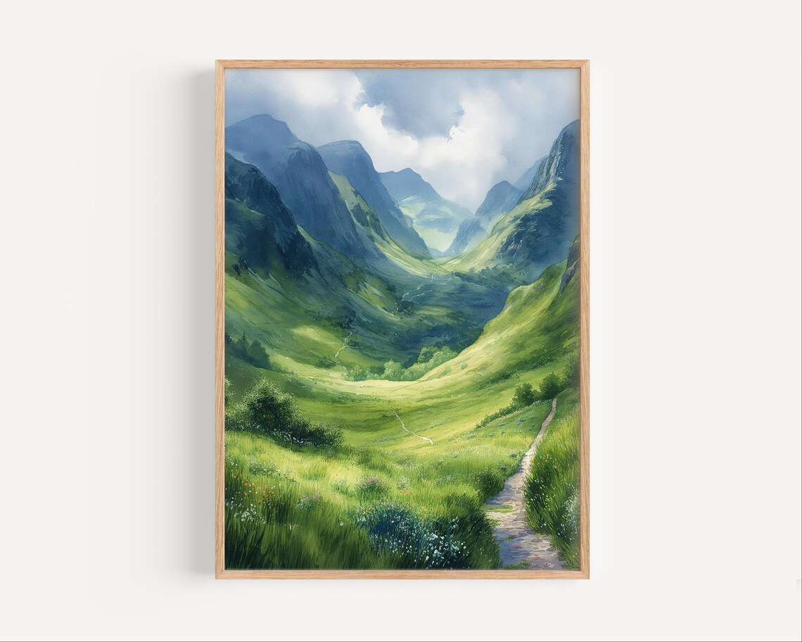 Glencoe Scotland Watercolor Travel Poster, Scenic Landscape