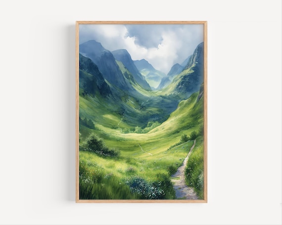 Glencoe Scotland Watercolor Travel Poster, Scenic Landscape